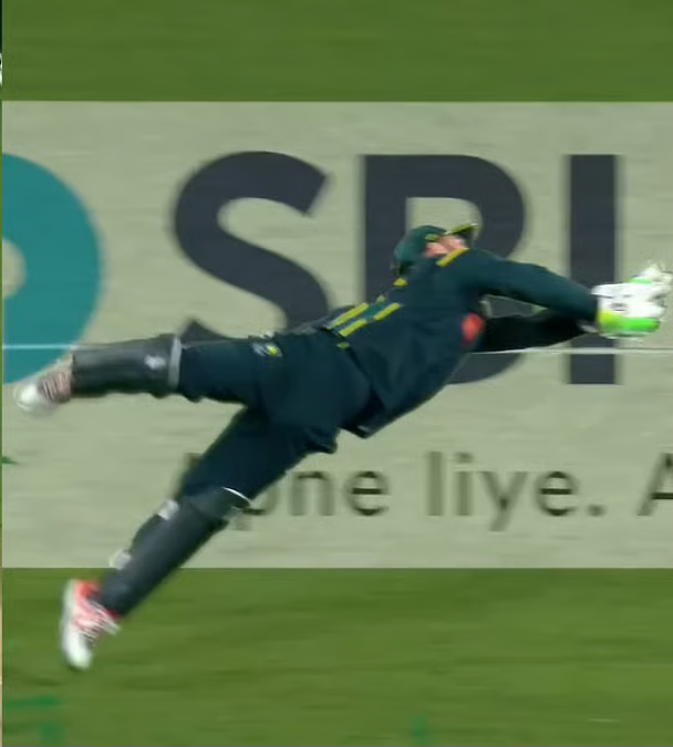 Wicket keeper diving to take a catch